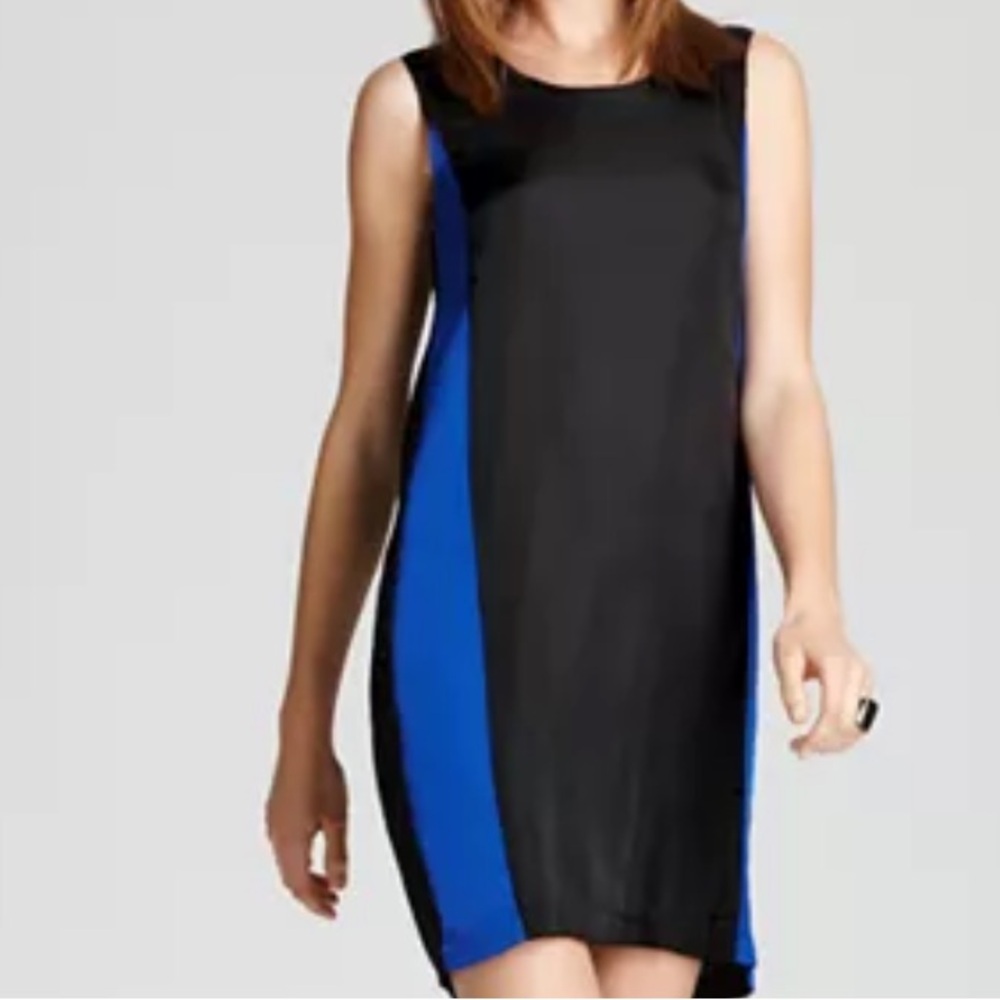BCBGMaxAzria Ike Color block Shift w/back drape Black/Blue Mini Dress NWOT